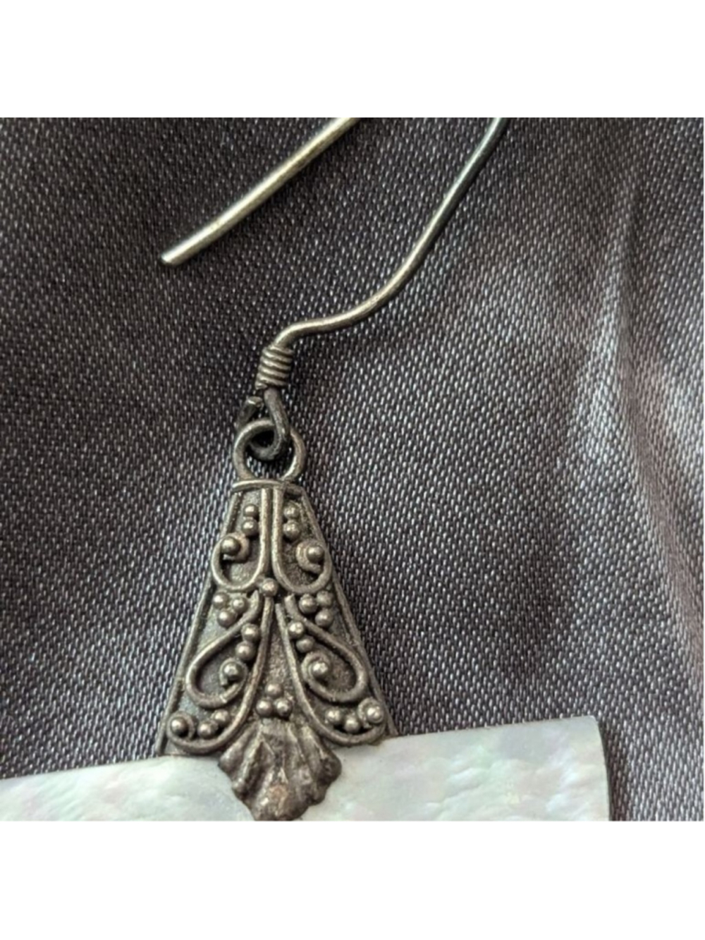 Vintage Boho Sterling Silver Mezzaluna Mother of Pearl Dangle Earrings - Picture 3 of 7